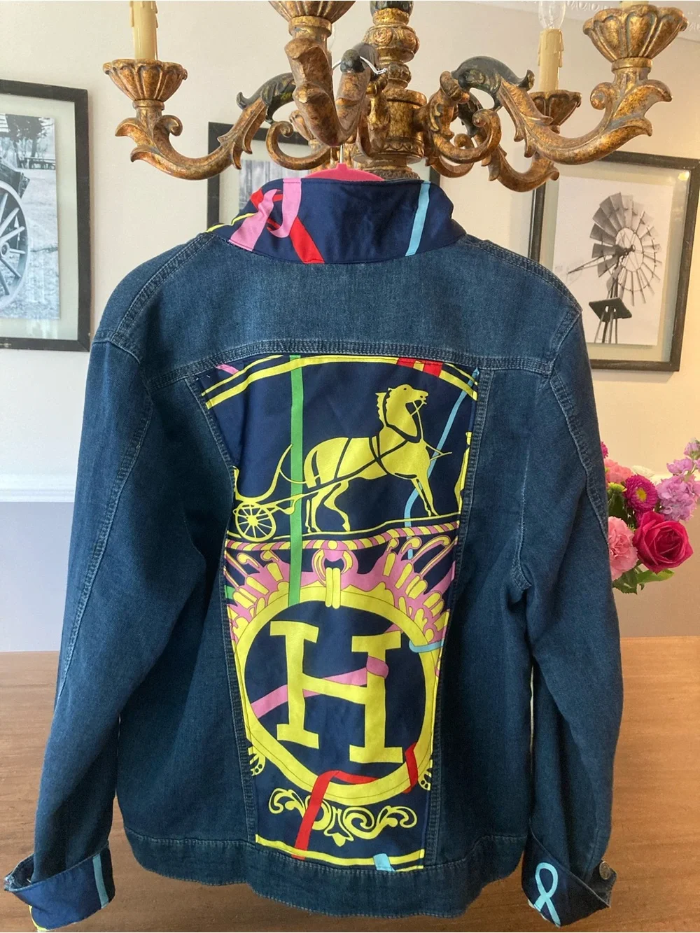 Denim Jacket with Bright Multicolor scarf Back Panel, cuffs and collar. - Picture 1 of 4
